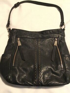 B Makowsky Black Soft Leather Hobo Shoulder Bag Purse Leopard Print Interior